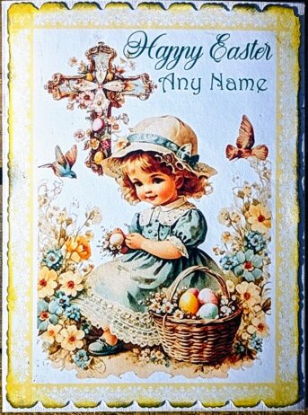 Vintage Happy Easter Card – Girl with Basket & Floral Cross