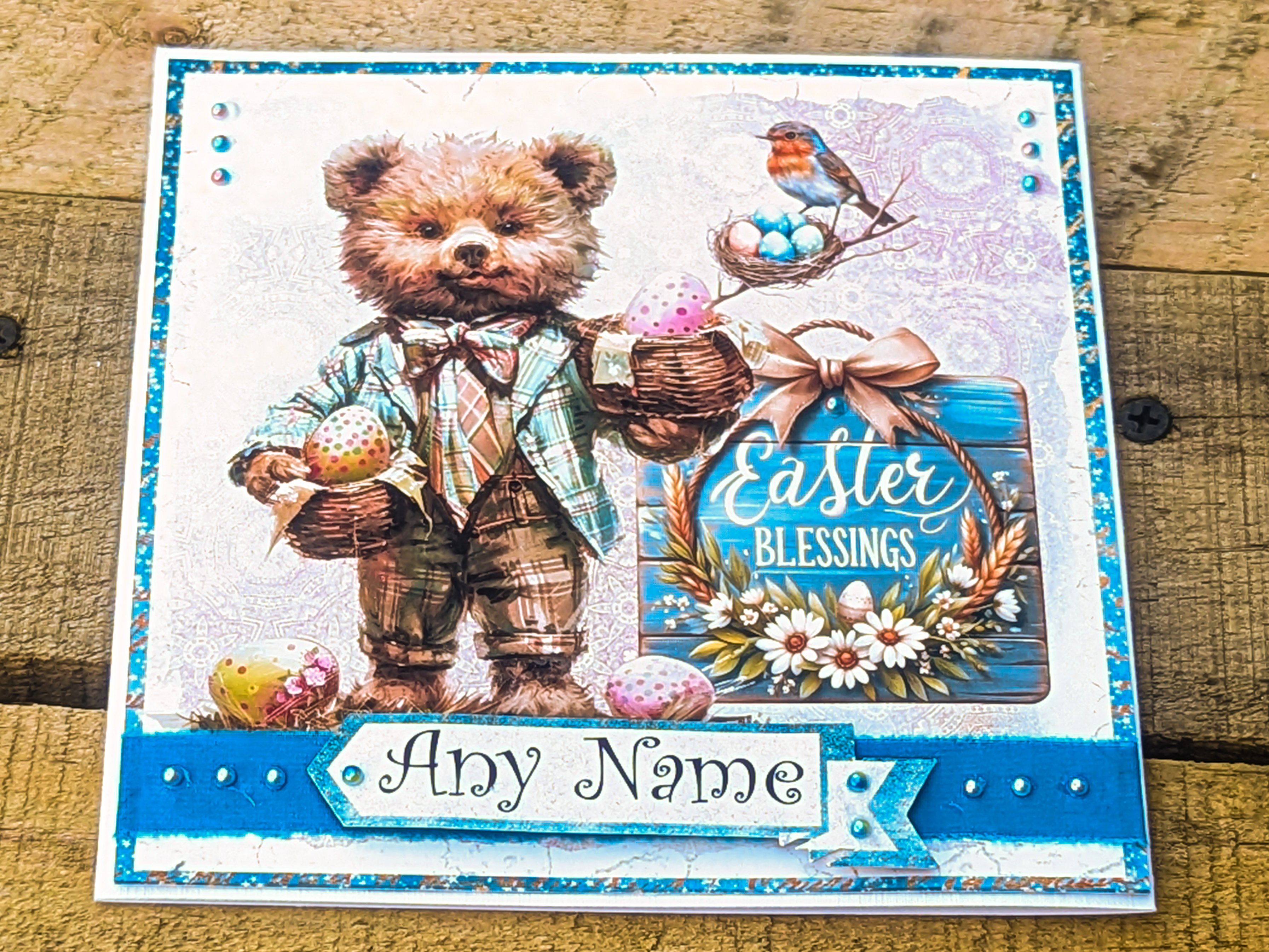 Customizable Handmade Easter Card – Bear with Eggs & Bird Nest Design - Image 2