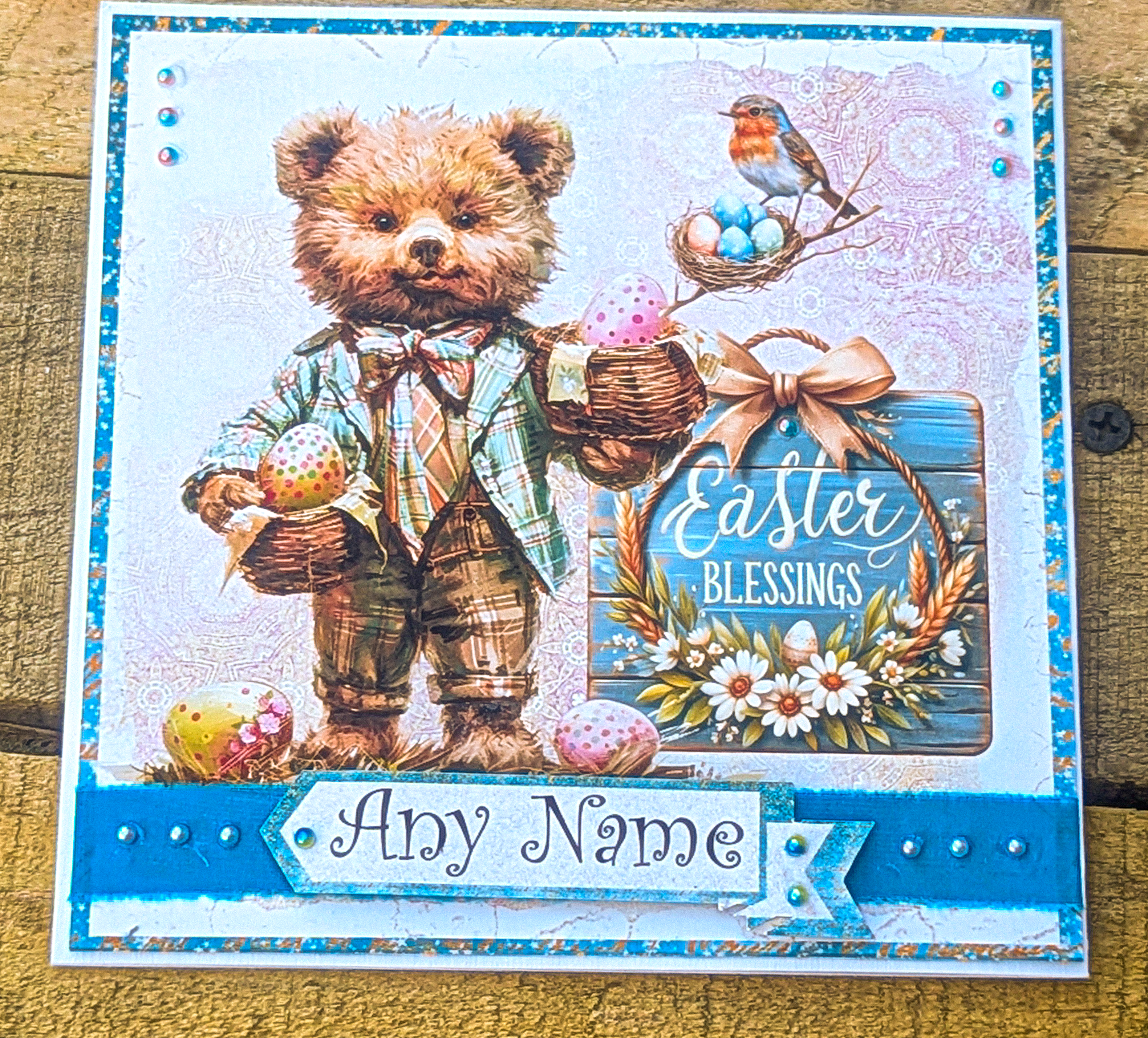 Customizable Handmade Easter Card – Bear with Eggs & Bird Nest Design - Image 5