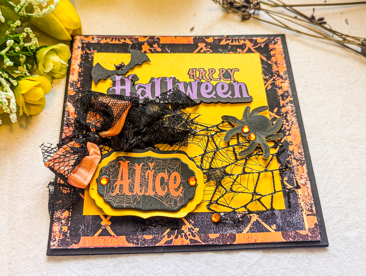 Personalized Handmade Halloween Card | Custom Name & Spooky Bat Spider Design - Image 3
