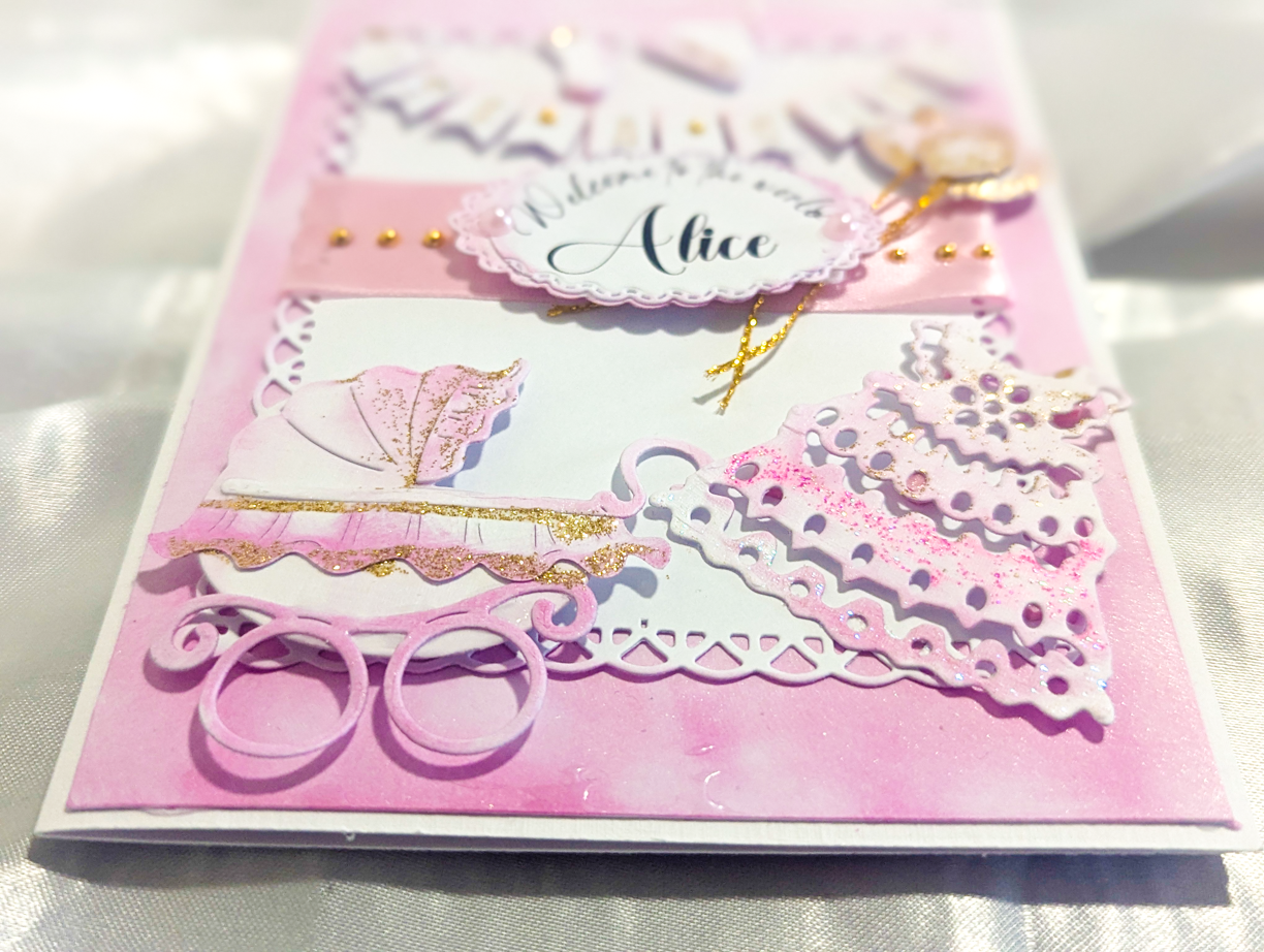 Personalised New Baby Girl Card Handcrafted 3D Design Pink Gold Glitter Pram - Image 3