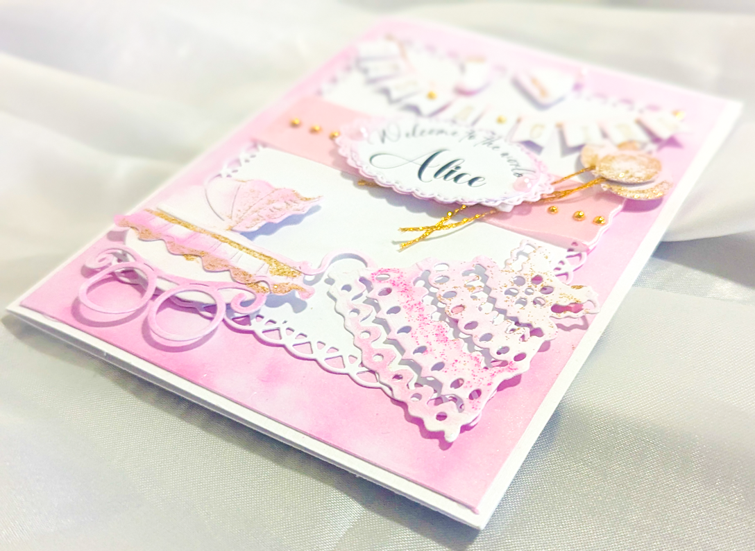 Personalised New Baby Girl Card Handcrafted 3D Design Pink Gold Glitter Pram - Image 4
