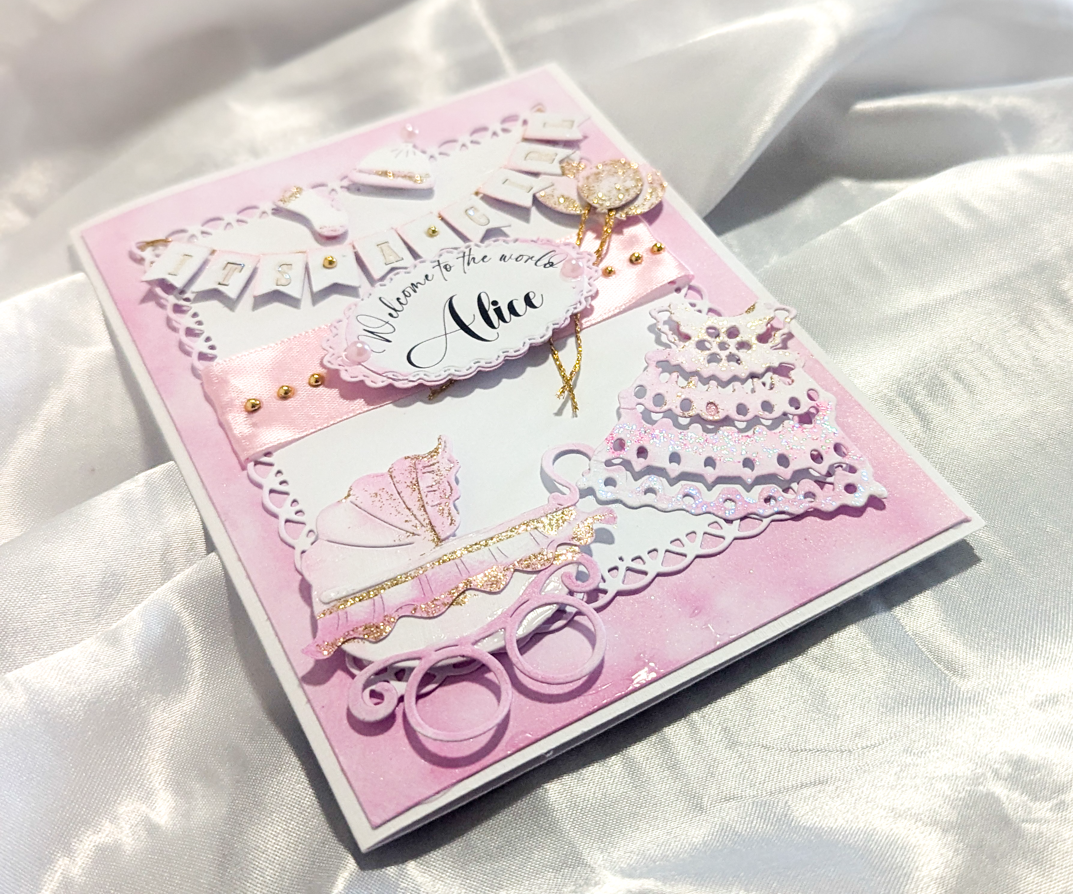Personalised New Baby Girl Card Handcrafted 3D Design Pink Gold Glitter Pram - Image 5