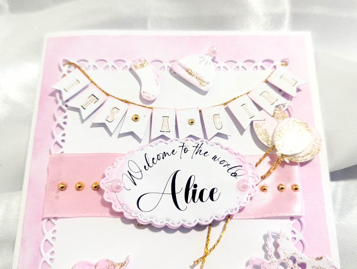 Personalised New Baby Girl Card Handcrafted 3D Design Pink Gold Glitter Pram - Image 13