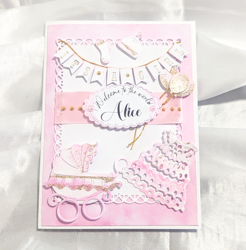 Personalised New Baby Girl Card Handcrafted 3D Design Pink Gold Glitter Pram - Image 14