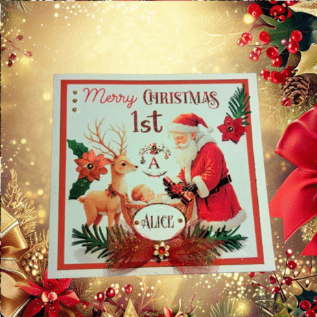 Personalised Handmade Baby's First Christmas Card- Vintage Santa Reindeer Design