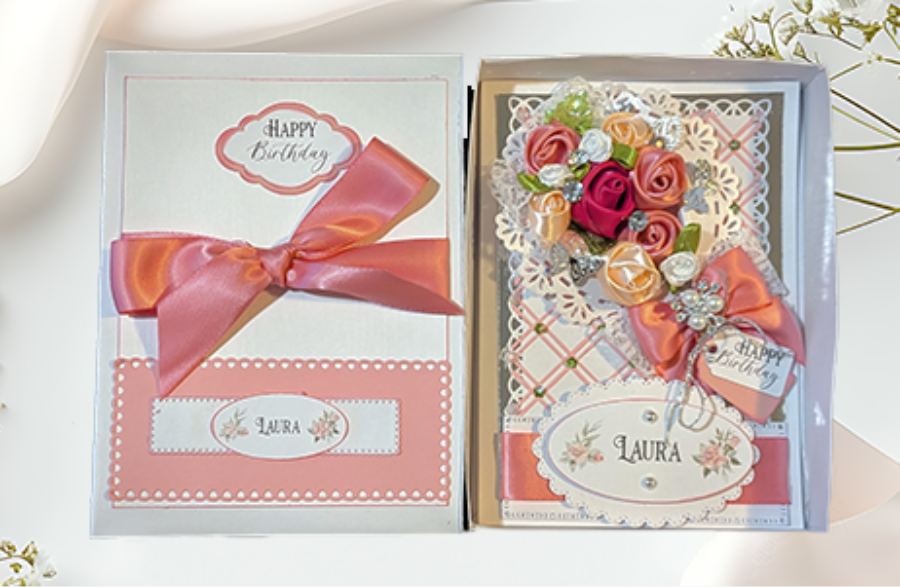 Luxury 3D Personalised Card in a Box Handmade, Ribbon Roses,Butterflies, Pearls