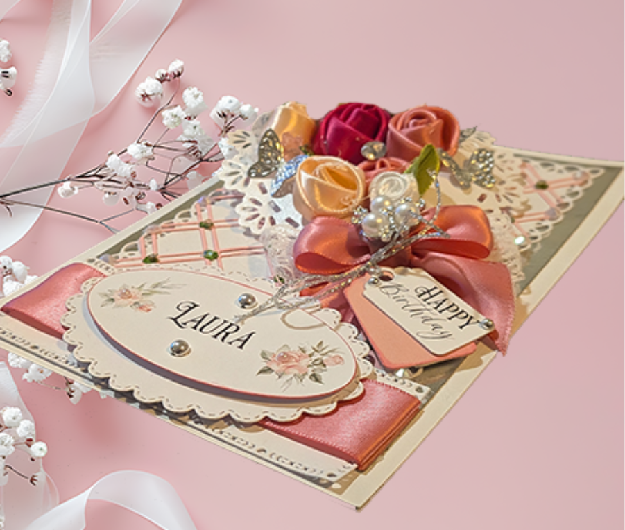 Luxury 3D Personalised Card in a Box Handmade, Ribbon Roses,Butterflies, Pearls