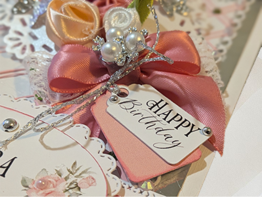 Luxury 3D Personalised Card in a Box Handmade, Ribbon Roses,Butterflies, Pearls