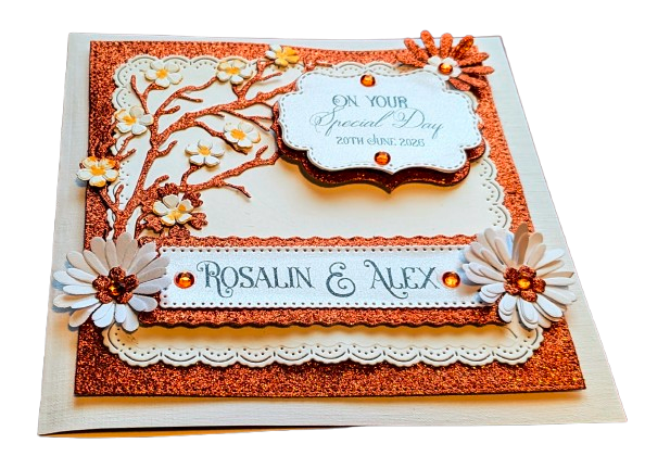 Personalised Handmade Wedding, Anniversary, Birthday Card Special Day - Luxury Copper Glitter & 3D Floral Tree - Image 6