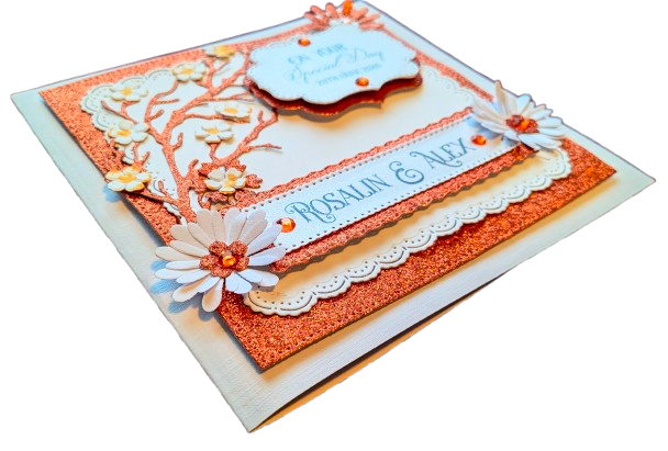 Personalised Handmade Wedding, Anniversary, Birthday Card Special Day - Luxury Copper Glitter & 3D Floral Tree - Image 5