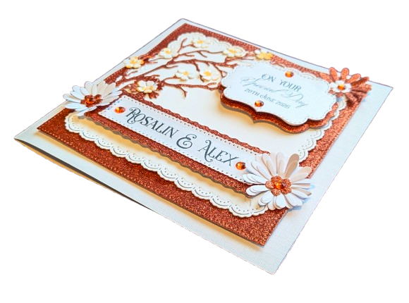 Personalised Handmade Wedding, Anniversary, Birthday Card Special Day - Luxury Copper Glitter & 3D Floral Tree - Image 4