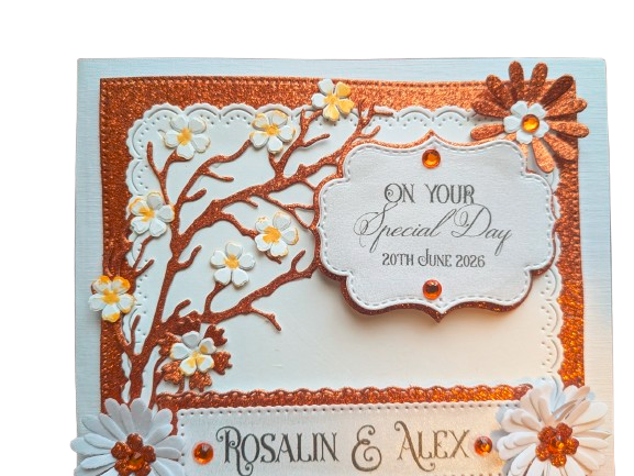 Personalised Handmade Wedding, Anniversary, Birthday Card Special Day - Luxury Copper Glitter & 3D Floral Tree - Image 3
