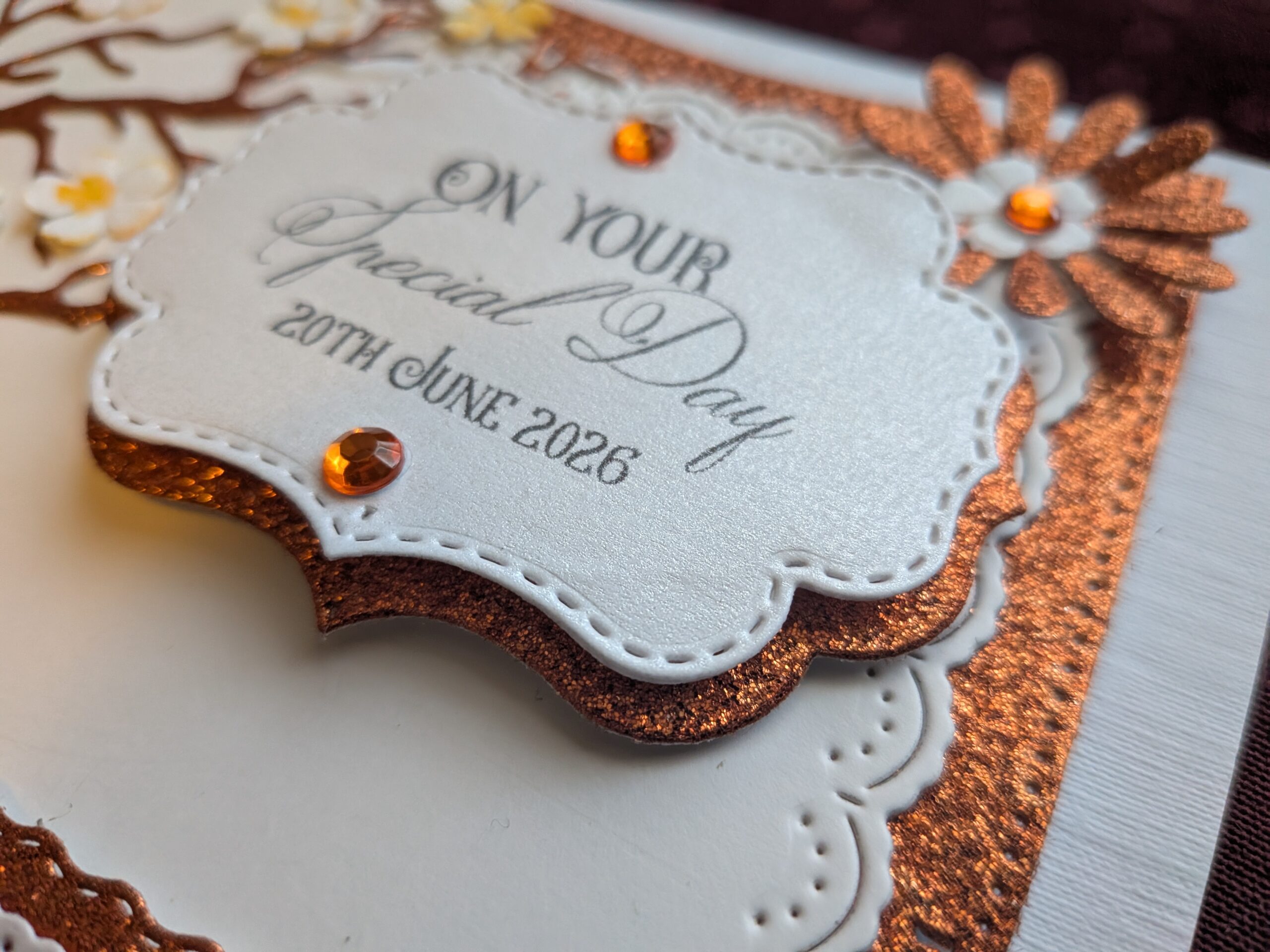 Personalised Handmade Wedding, Anniversary, Birthday Card Special Day - Luxury Copper Glitter & 3D Floral Tree - Image 9