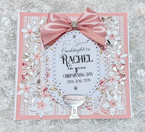 Handmade Personalized Goddaughter Christening Card - Luxury 3D Floral & Satin Bow - Custom Name & Date