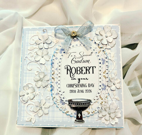 Personalized Godson Christening Card - Handmade 3D Blue Floral & Silver Ribbon