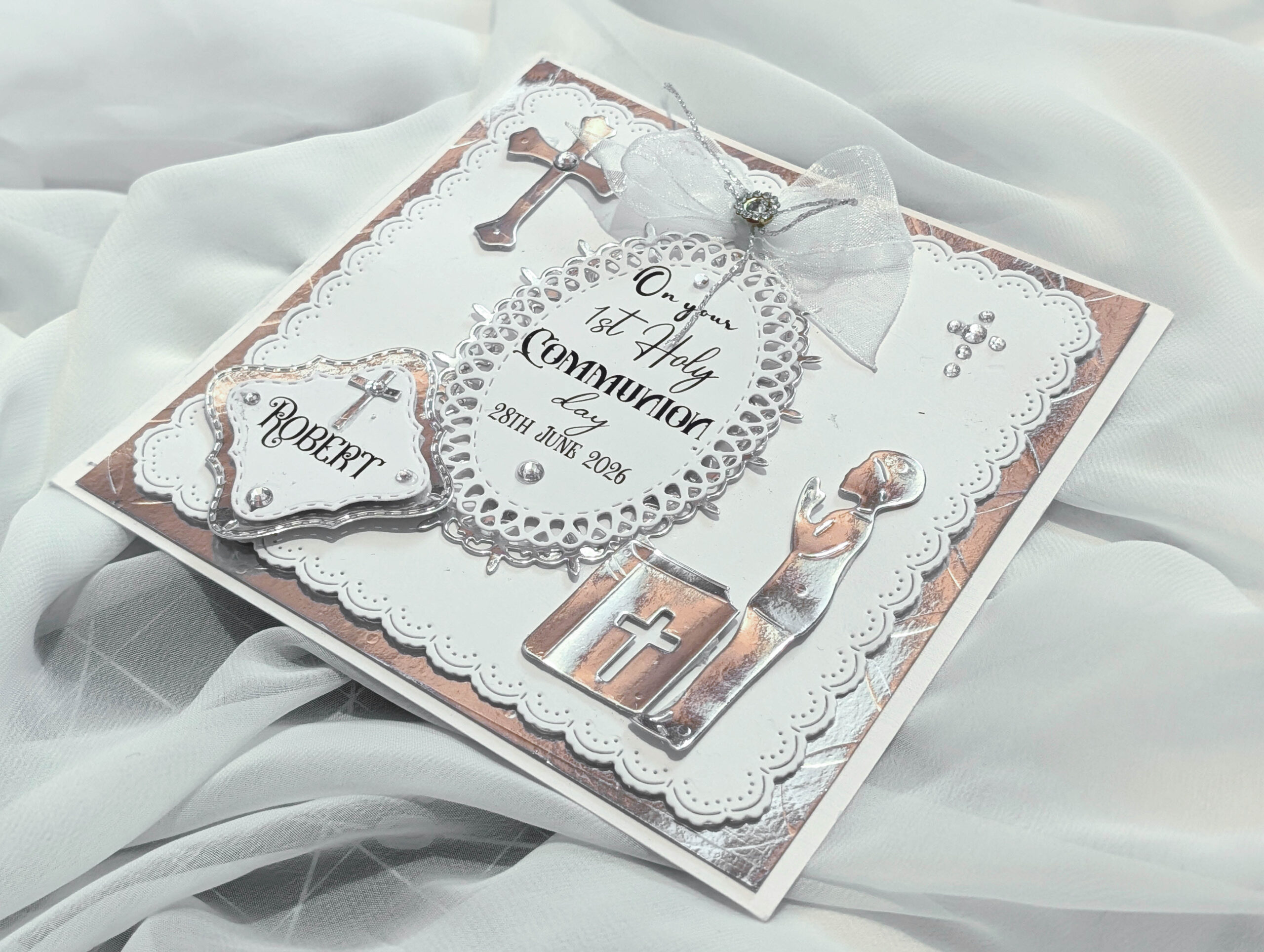 Luxury Personalized Boy 1st Holy Communion Card - Handmade Silver & White 3D Keepsak - Image 4