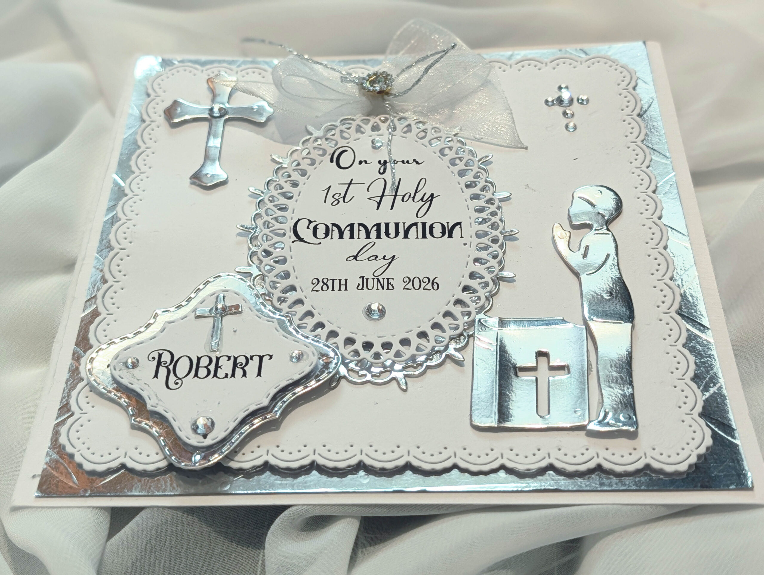 Luxury Personalized Boy 1st Holy Communion Card - Handmade Silver & White 3D Keepsak - Image 3
