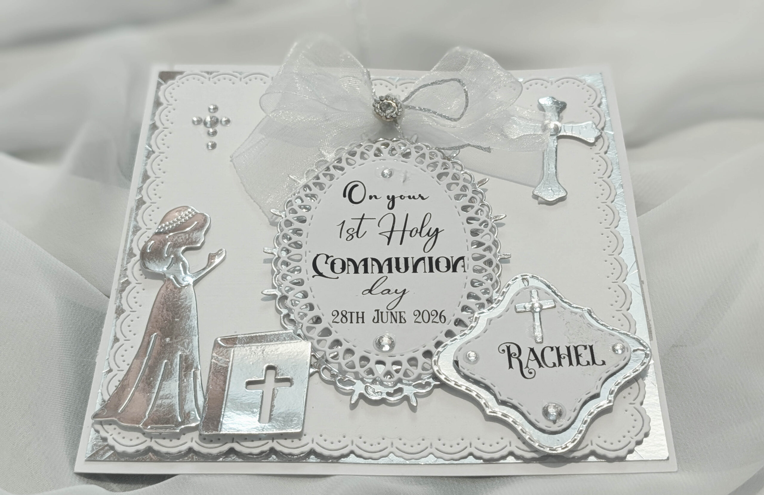 Luxury Personalized Girls 1st Holy Communion Card - Handmade Silver & White 3D - Image 7