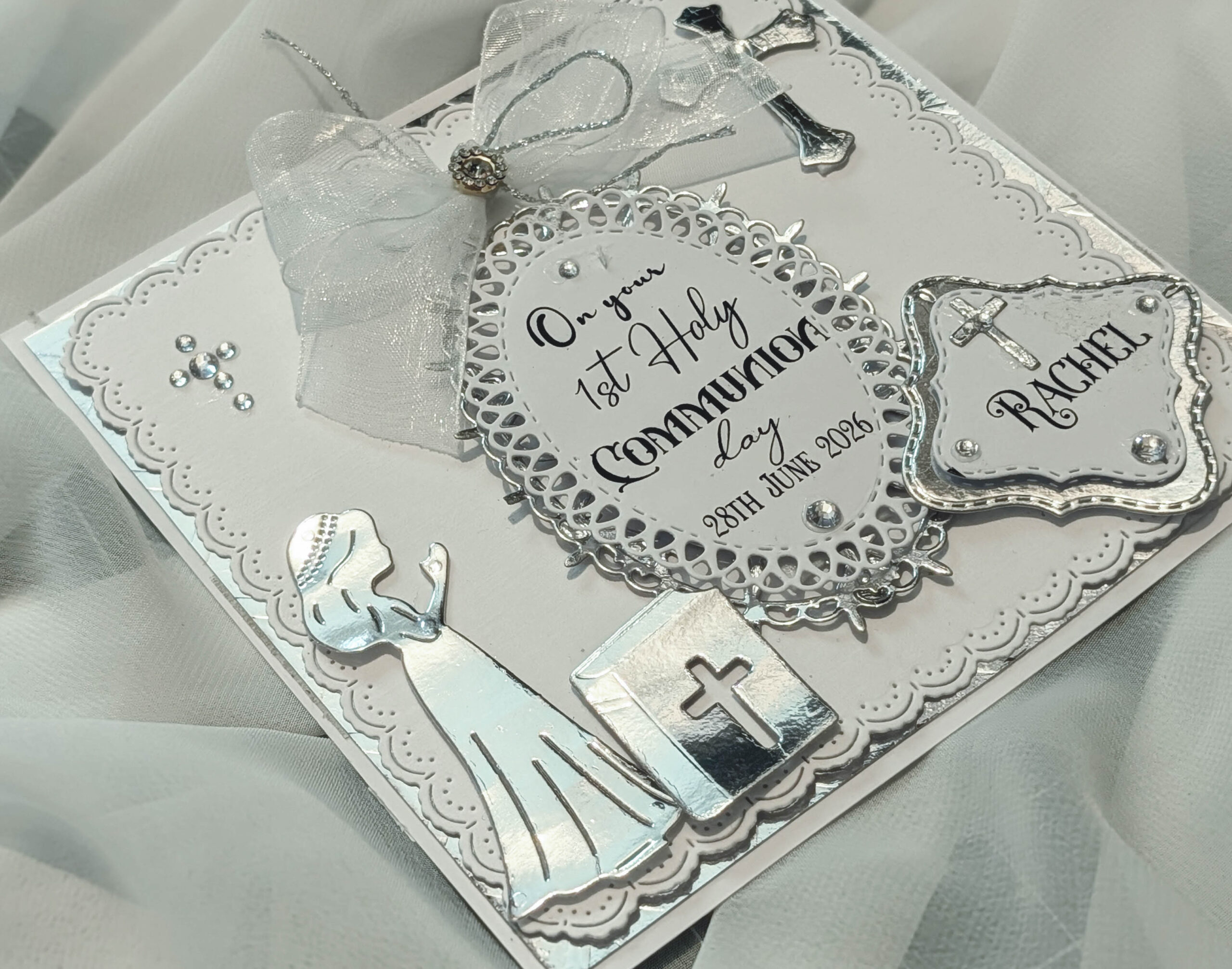 Luxury Personalized Girls 1st Holy Communion Card - Handmade Silver & White 3D - Image 6
