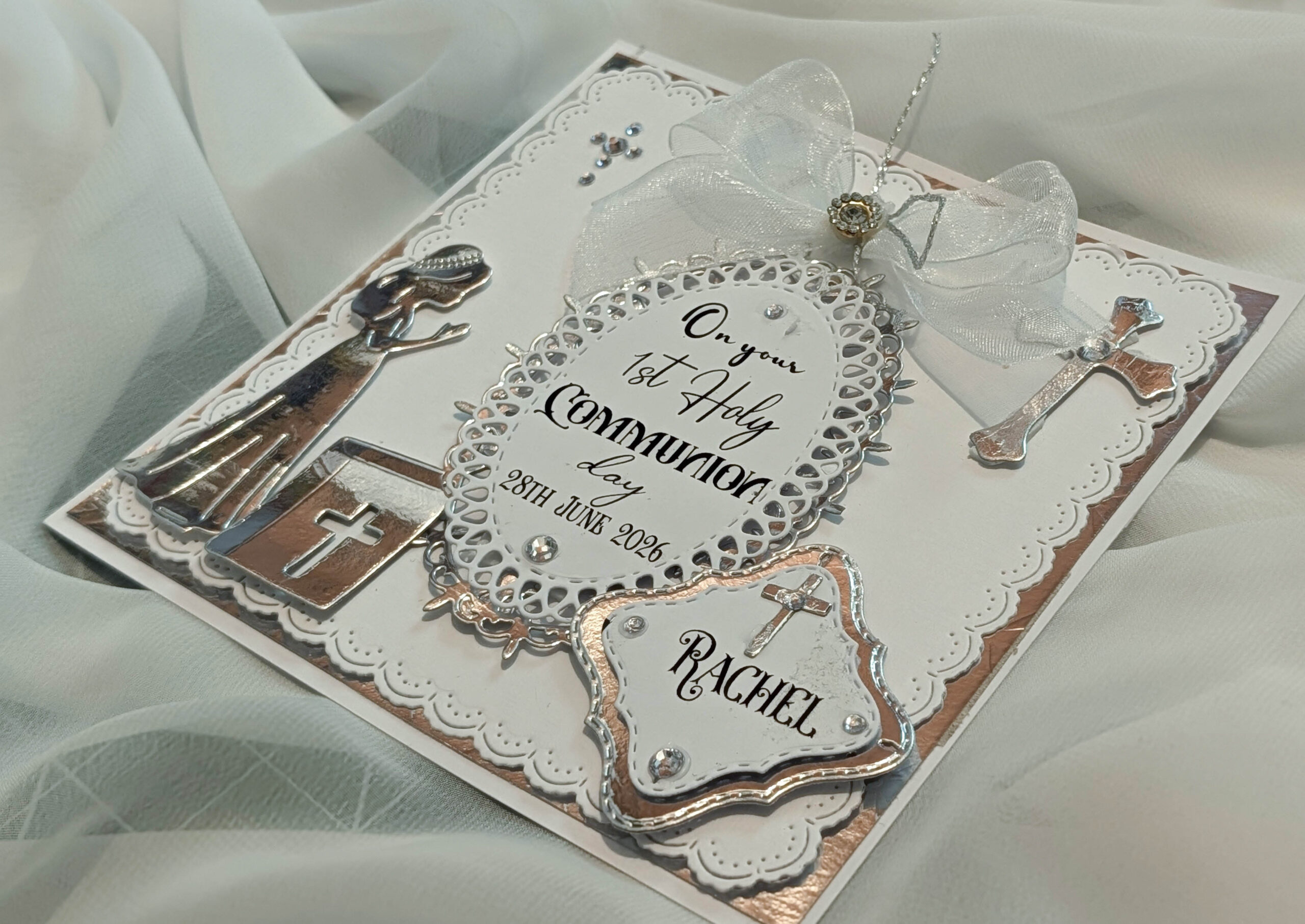 Luxury Personalized Girls 1st Holy Communion Card - Handmade Silver & White 3D - Image 5