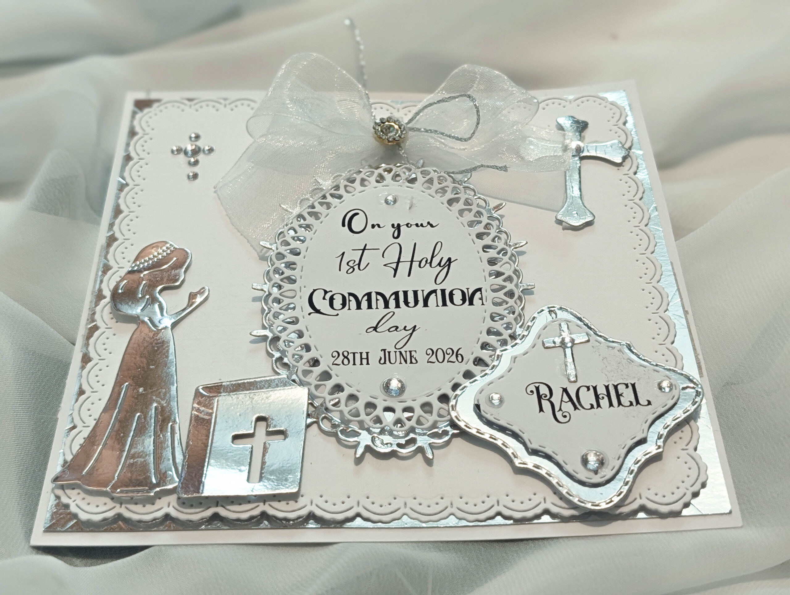 Luxury Personalized Girls 1st Holy Communion Card - Handmade Silver & White 3D - Image 4