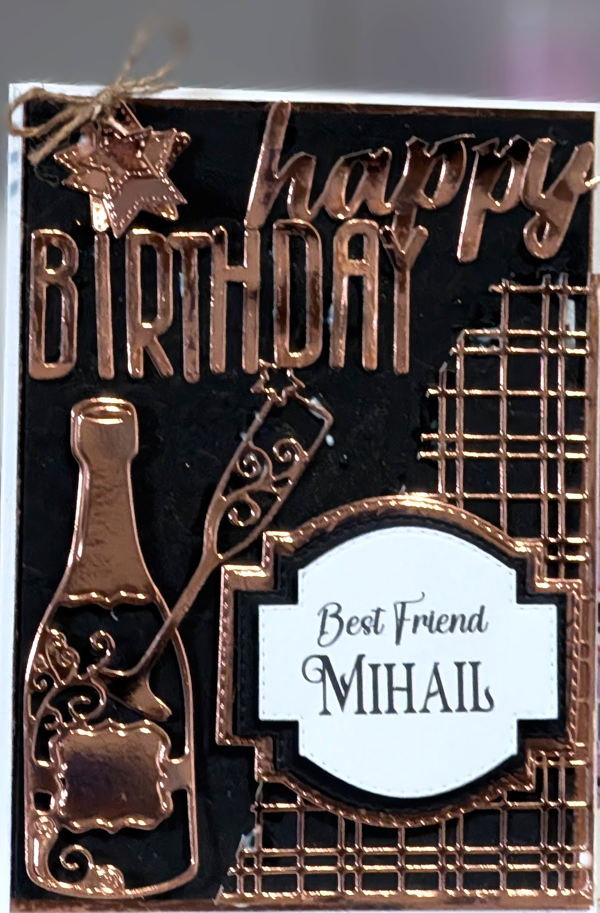 3D Birthday Card Champagne & Glass - Metallic Copper & Black card