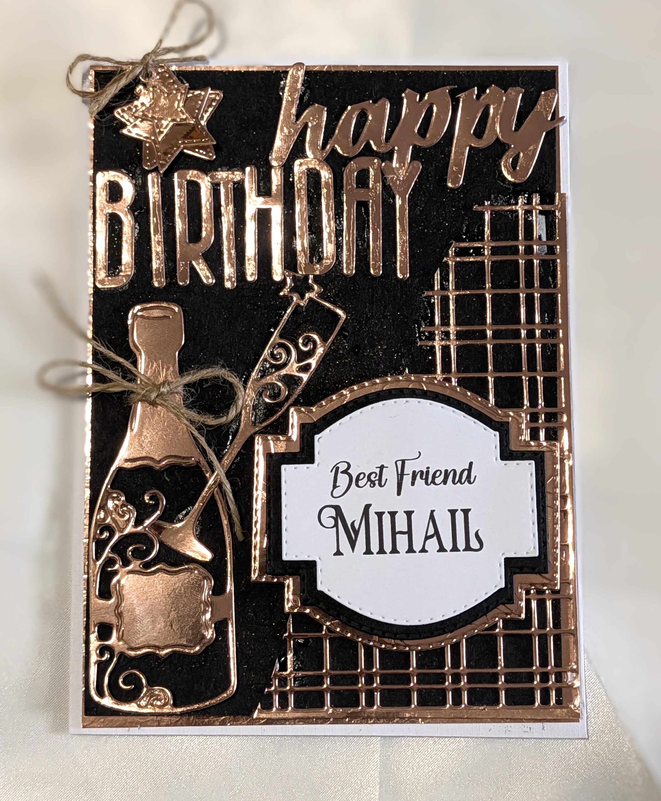 3D Birthday Card Champagne & Glass - Metallic Copper & Black card