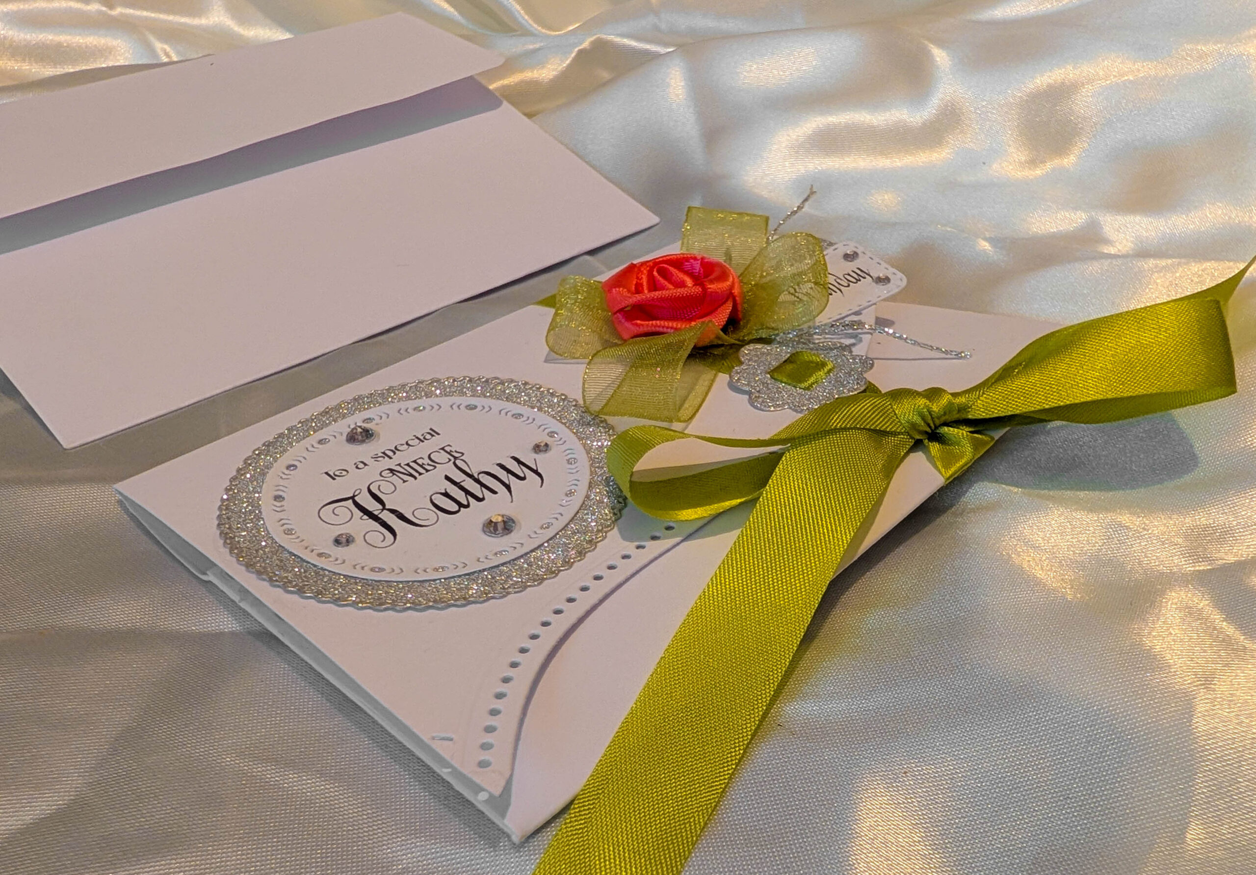 Personalised Luxury Cash Wallet with Envelope – Handmade White Glitter & Green Ribbon Money Gift Card Holder for Birthdays, Graduations & Baby Showers - Image 5