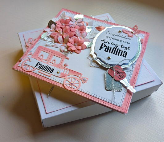 Handmade personalised pink luxury boxed driving test congratulations card shown with decorated matching presentation gift box.